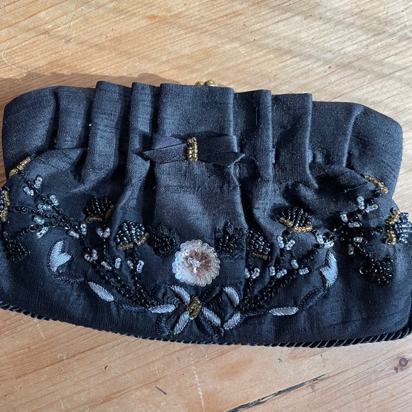 Handbags - Black silk beaded clutch, 9 x 7 inch pocket capacity